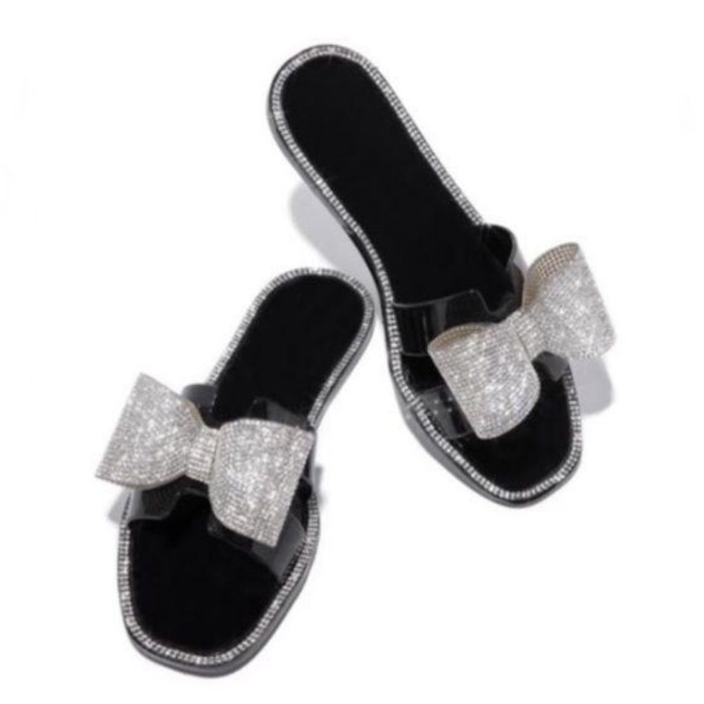 Embellished Bow Jelly Sandals in Black - Picture 2 of 9